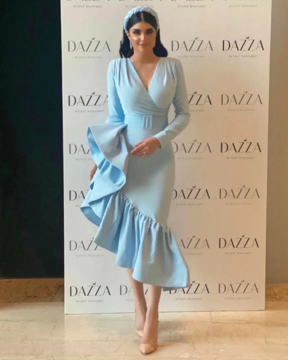 

Merida Sky Blue Asymmetrical Prom Dresses Ruched Mermaid Sash Long Sleeves V-Neck Saudi Arabia Formal Occasion Dresses 2023