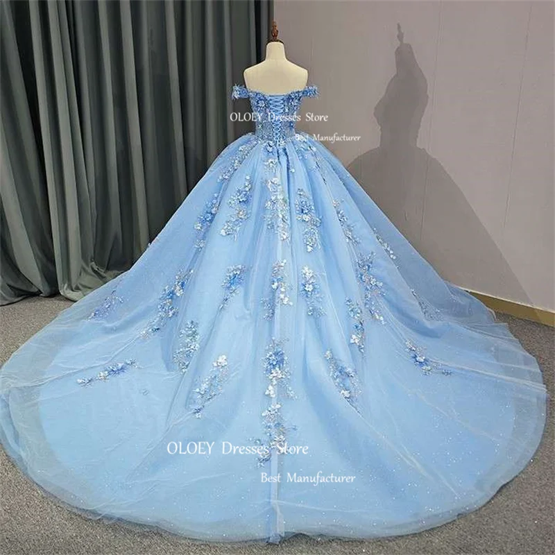 OLOEY-vestido de encaje con hombros descubiertos para mujer, traje Sexy de lujo para quinceañera, con purpurina brillante, con flores 3D, para fiesta, 15, 18