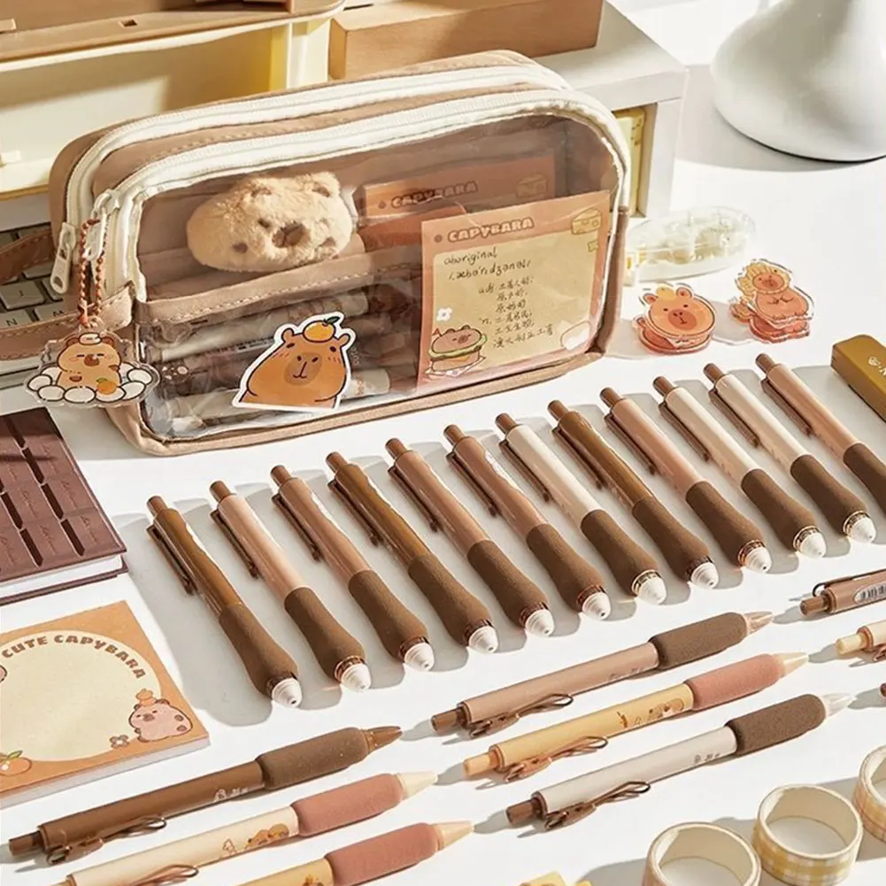 Capybara Kawaii – trousse à crayons avec compartiments, sac de papeterie transparent avec pendentif autocollant pour bureau, collège et école