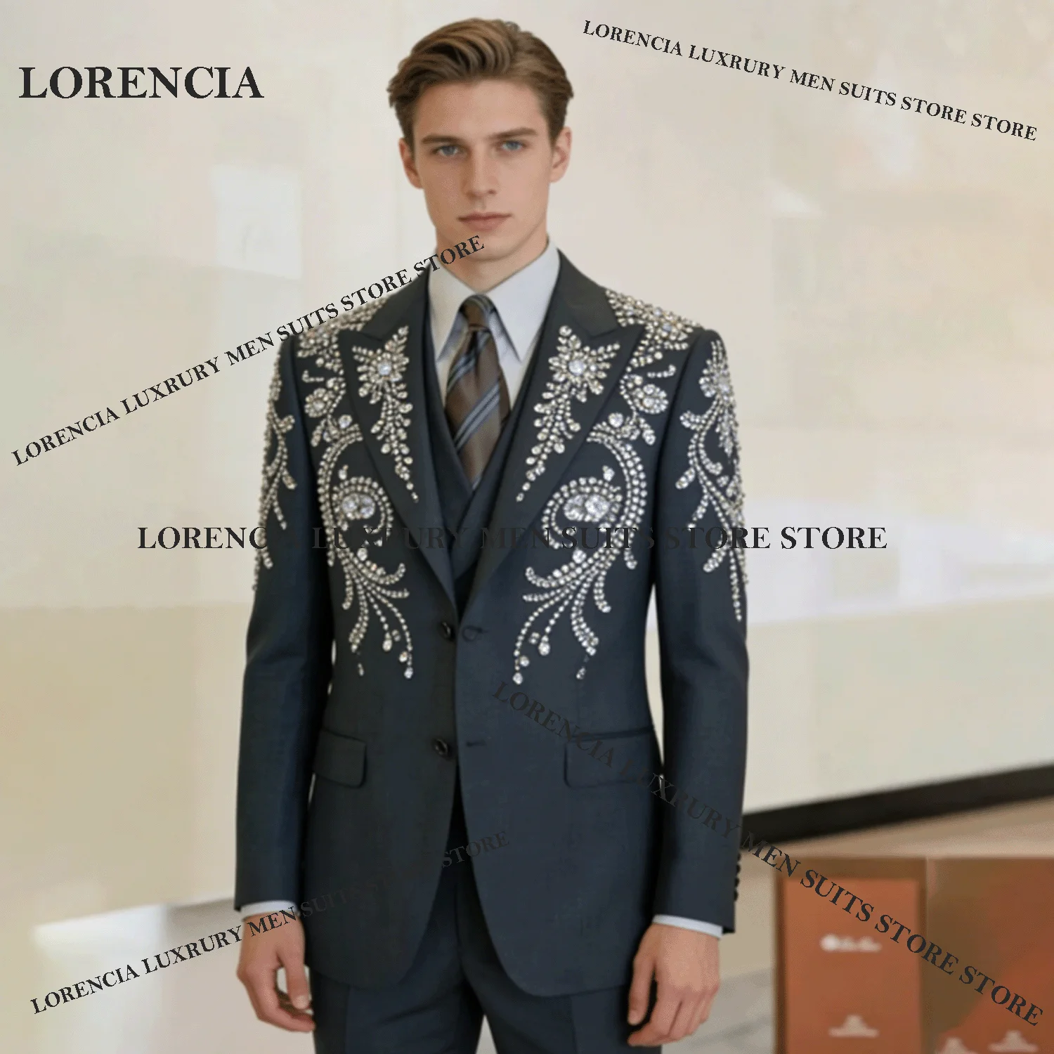 

Мужские костюмы класса люкс с пайетками на заказ, комплекты из 2 предметов, блестящие смокинги для вечеринок, свадебные костюмы для жениха, приталенные костюмы с стразами, Homme