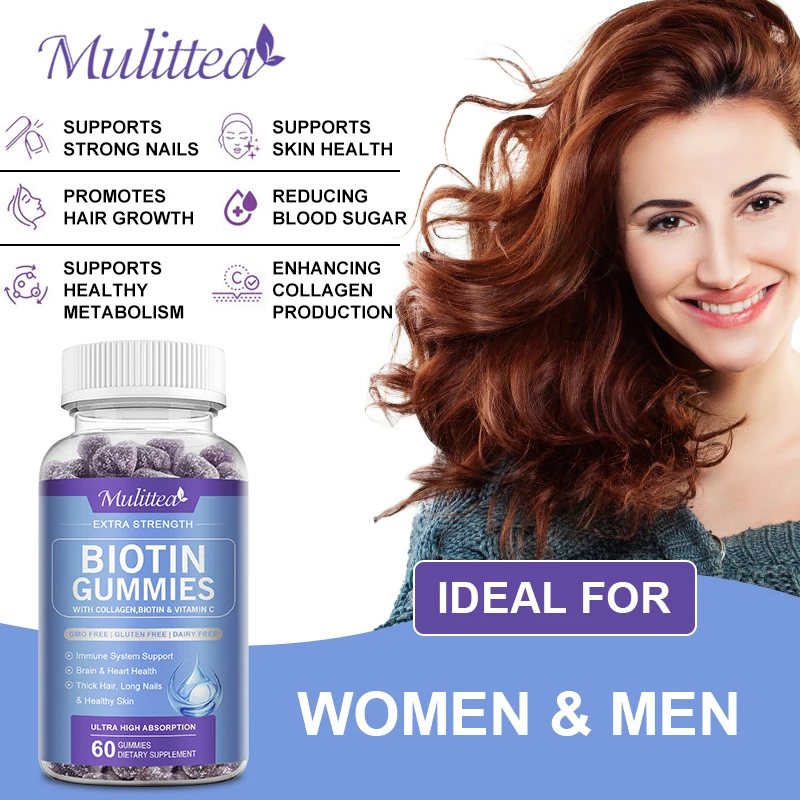 Mulittea Biotin Gummies 1200mg Supplement Protein Support Anti Aging Formula Strong Nails Shiny Hair Glowing Smooth Skin Vegan