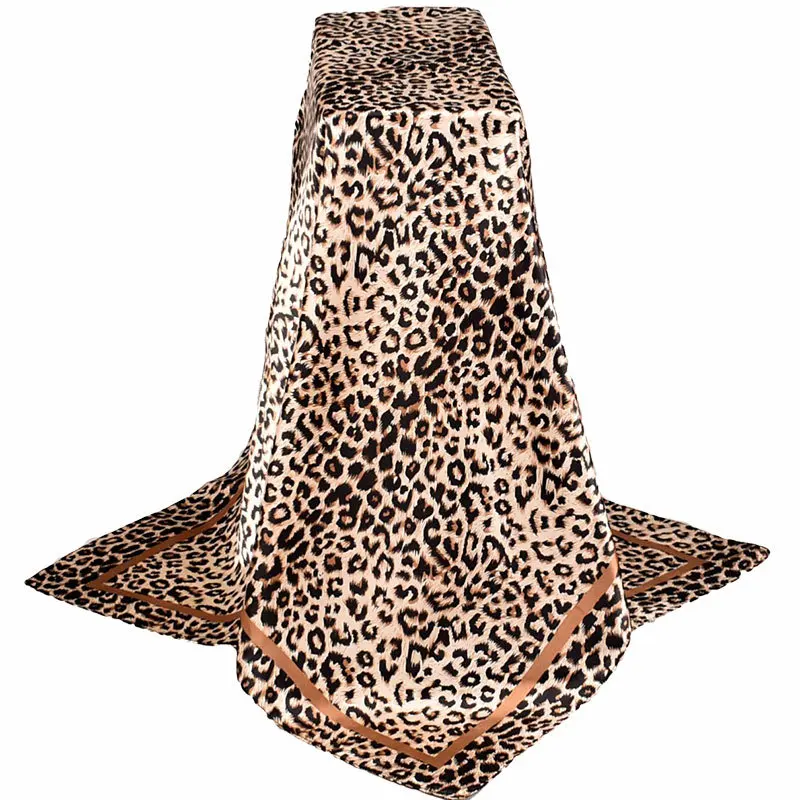 Spring New Leopard Leopard Satin 90x90 Square Scarf Fashion Joker Scarf Silk Handle Quality Elegant Yarn Especially Soft