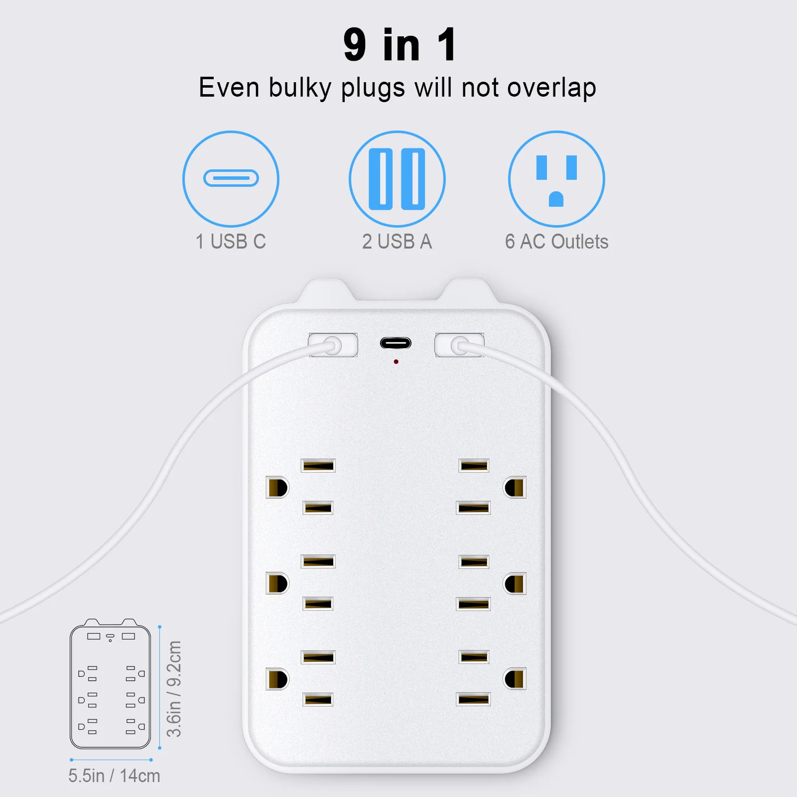 9in1Surge Protector 6Outlet Extender with 2 USB&1Type-C Ports Power Strip Multi Plug Outlets Wall Adapter Spaced for Home Travel