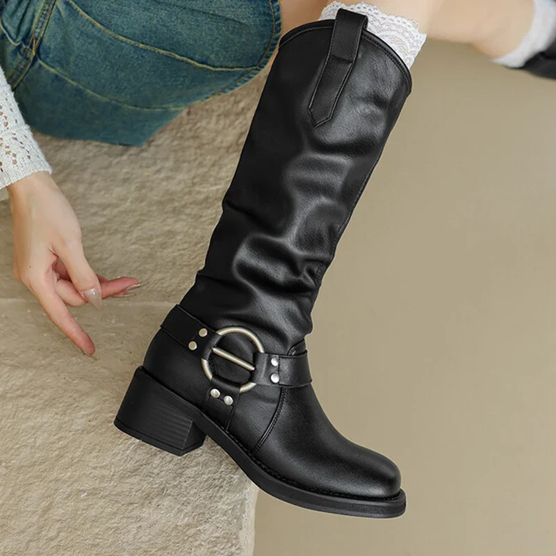 JOZHAMTA Size 34-40 Women Knee-High Boots Autumn Winter Genuine Leather Shoes Woman Retro Office Lady Western High Boots