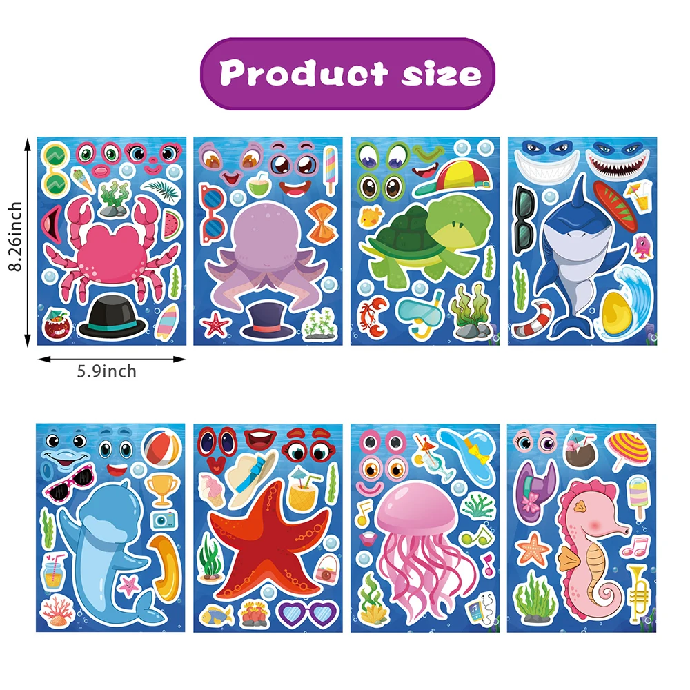 8/16Sheets DIY Marine Animal Make a Face Jigsaw Puzzle Stickers Blue Sea Assemble Toys For Kids Funny Game Children Party Favor