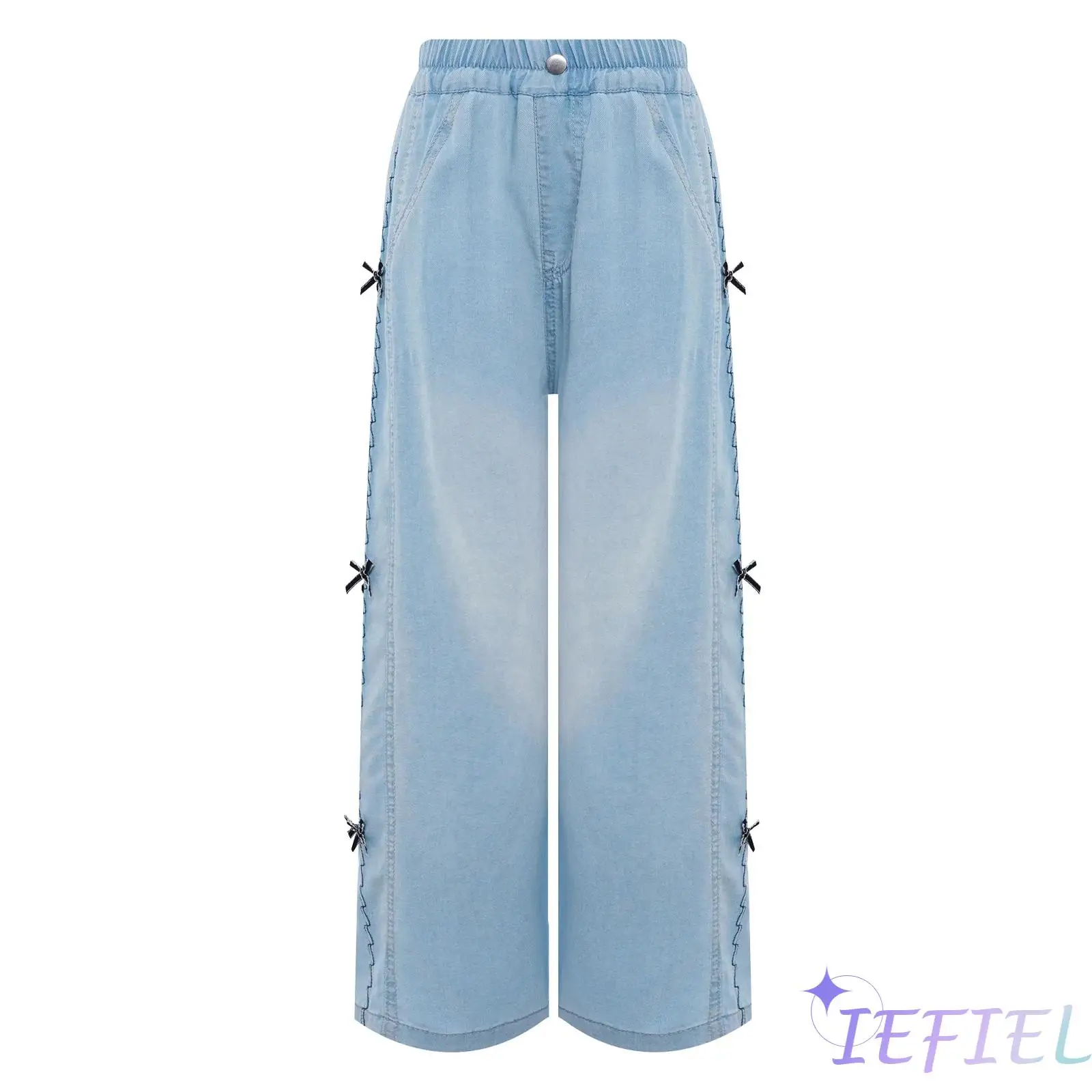

Girls Carefree Holiday Denim Trousers Elasticized Waist Flowy Wide Leg Design Deep Pockets Playful Bow Details Toddler Jeans
