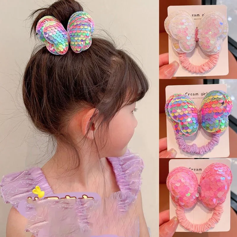 1PC New Sequin Butterfly Girls Kid Ponytail Elastic Hair Bands Children Lovable Hair Tie Princess Hair Accessories Baby Headwear