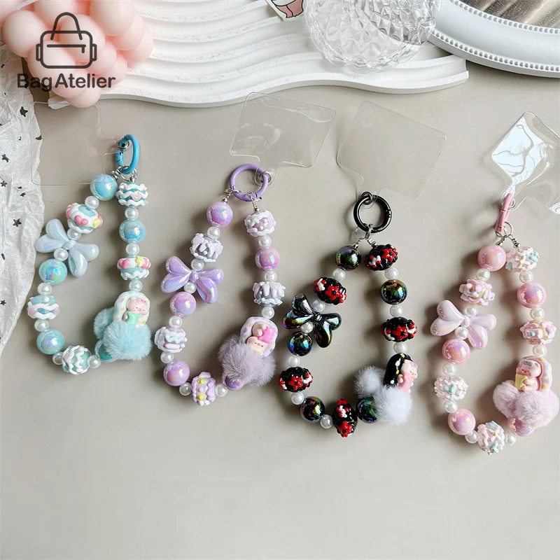 Cute Bow Plush Ball Mobile Phone Chain Pendant Sweet Mobile Phone Lanyard Keychain Anti-loss Wrist Strap Bag Charm Decoration