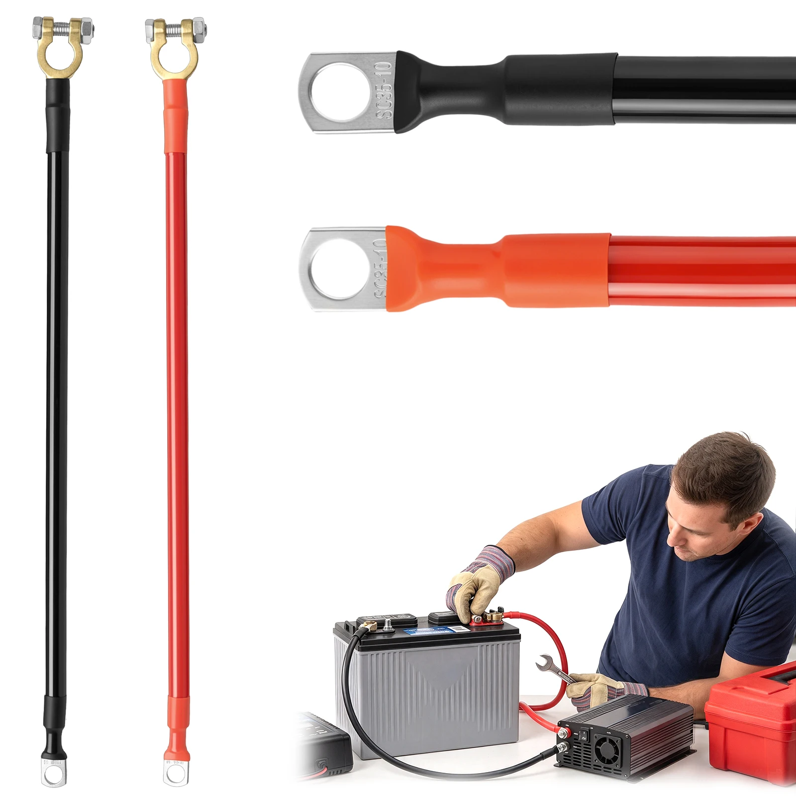 2 AWG Battery Cable Set With Battery Clamps Ring Terminals Pure Copper For Car RV Boat Solar Inverter Red Black Leads 12V 24V