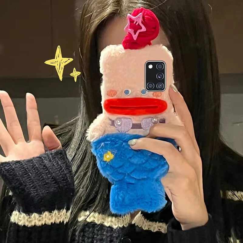 Phone Case for Samsung Galaxy S24 S21 S22 S20 S23 Ultra Plus Plush Cute Mermaid  Girls Gift  Fluffy Long  braid Hair Fur Cover
