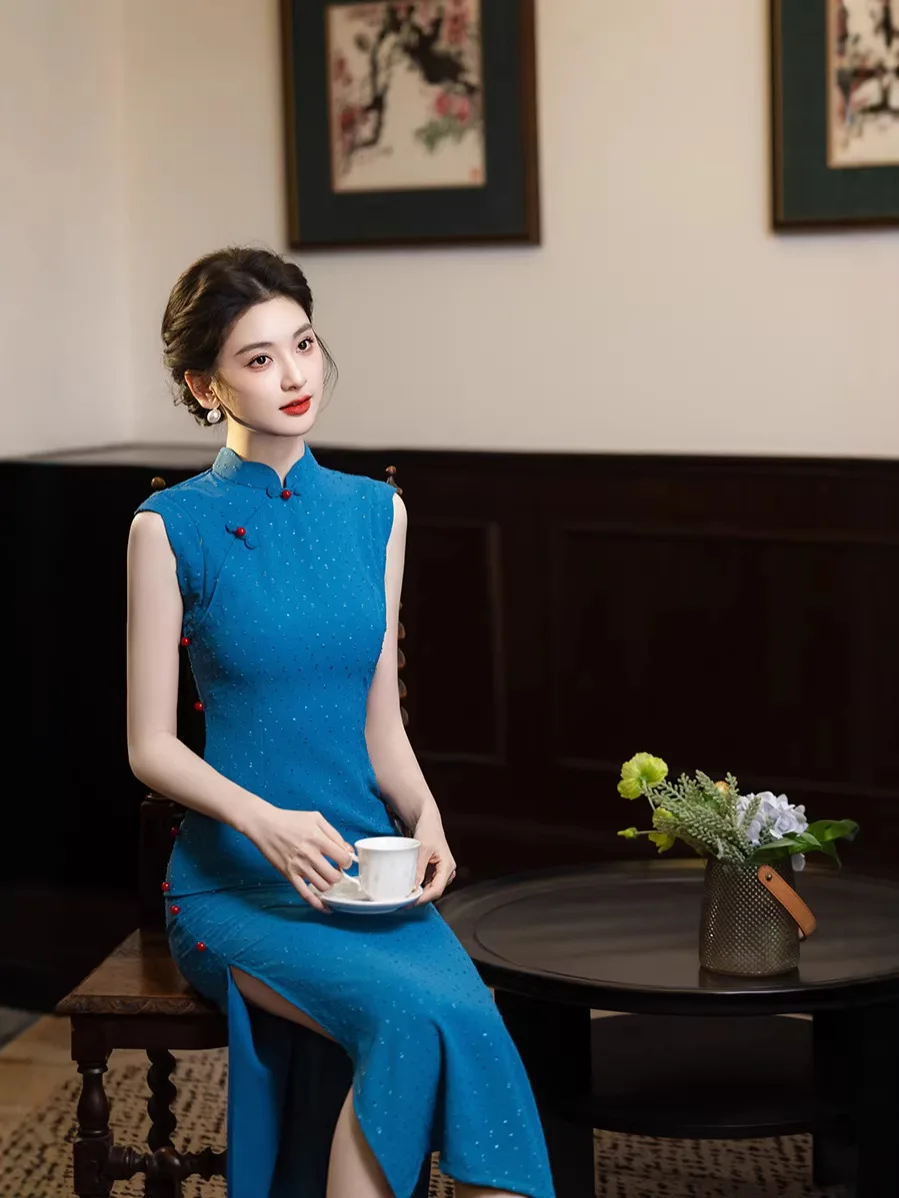 

Весенне-летнее китайское платье цвета павлиньего пера, без рукавов, в модифицированном ретро-стиле, новое, повседневное, молодежное, юбка-платье