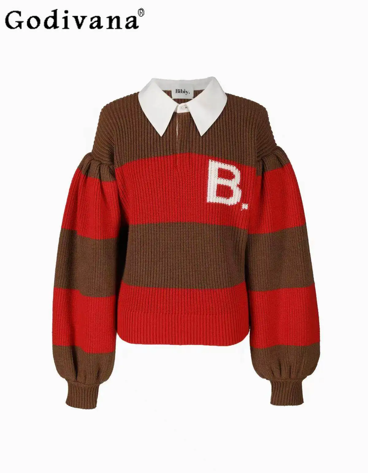 

Japanese Fashion Sweet Women's Sweaters and Pullovers Spring 2026 Lady B Letter Polo Collar Loose Casual Stripe Sweater Clothes