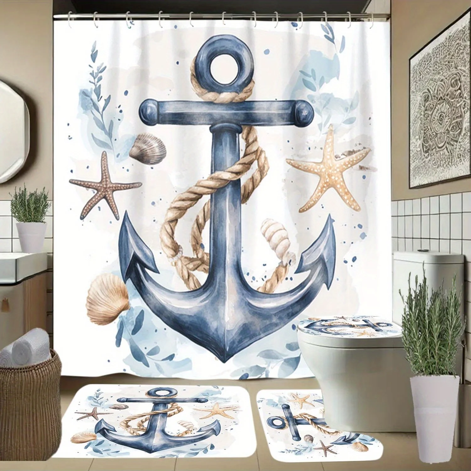 

4 шт., занавеска для душа с рисунком морской звезды и крючками, занавески для перегородки в ванной комнате, аксессуары для ванной комнаты, всесезонные