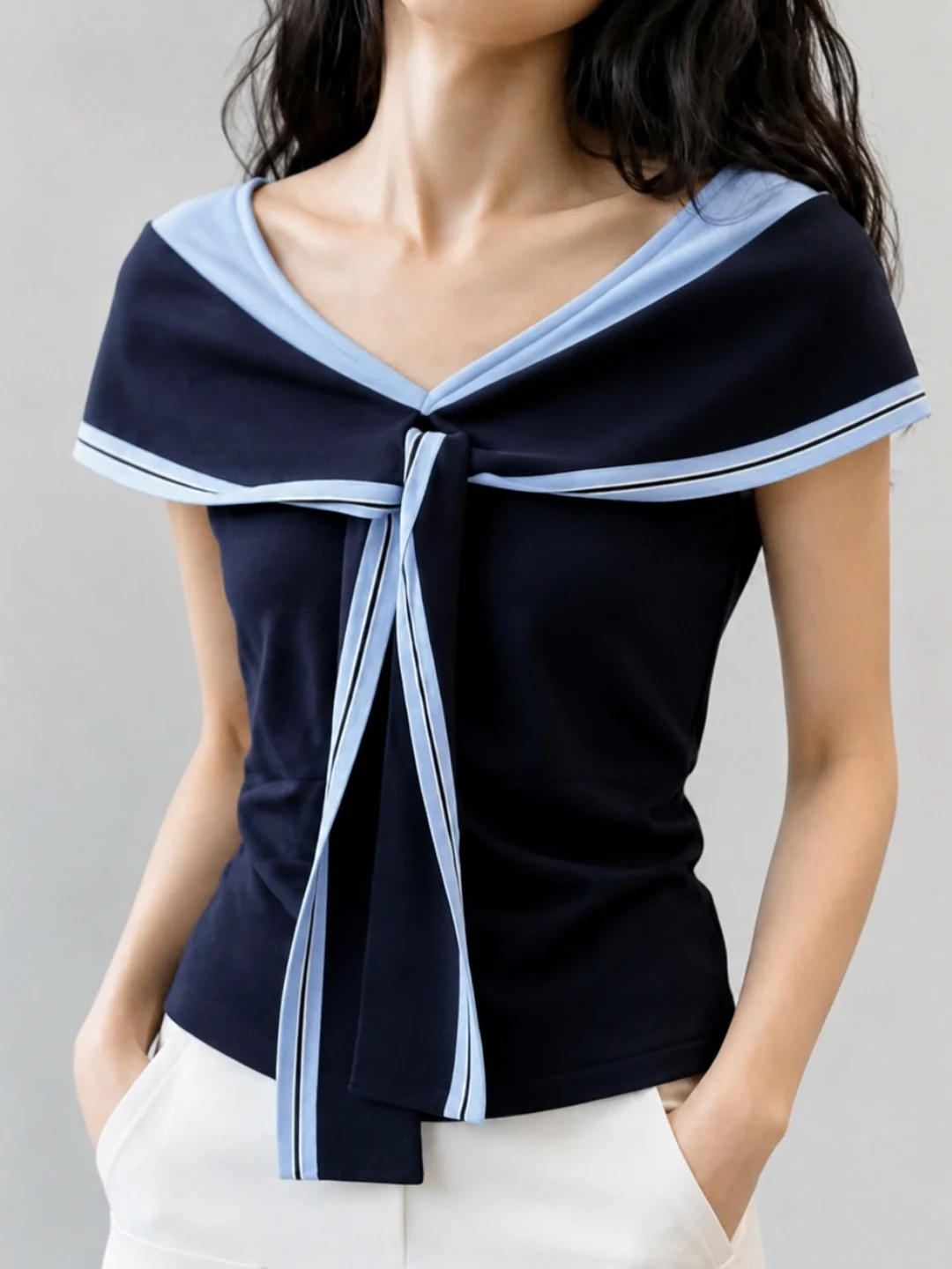 

Elegant V-Neck Knot Color Block Ice Silk Knitwear Summer Commute Style Slimming Top for Women Short Sleeve Korean Fashion