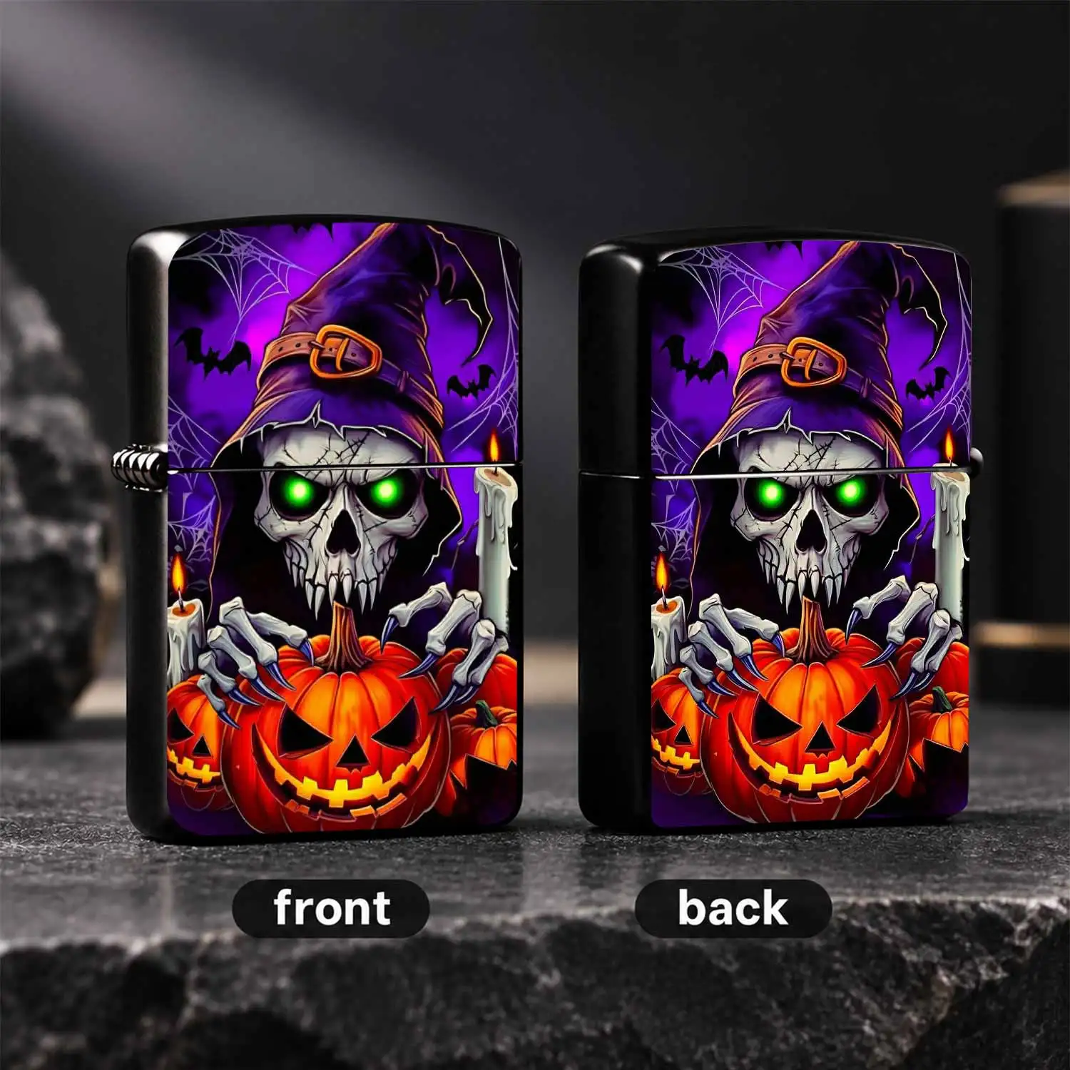 Halloween Themed Lighter With Spooky Skeleton Wizard Glowing Green Eyes Jack O Pattern, Delicate Cobweb Bat Melting Candle Print, Portable Stylish Accessory For Holiday Party Atmosphere Home Decor Outdoor Camping Daily Use Ideal Halloween G