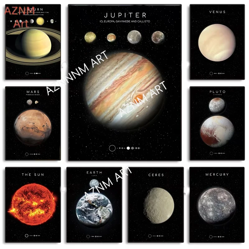 1PC Mercury Venus Jupiter Saturn Uranus Neptune Planets and Moons Poster and Print Canvas Painting Wall Art Picture for Decor