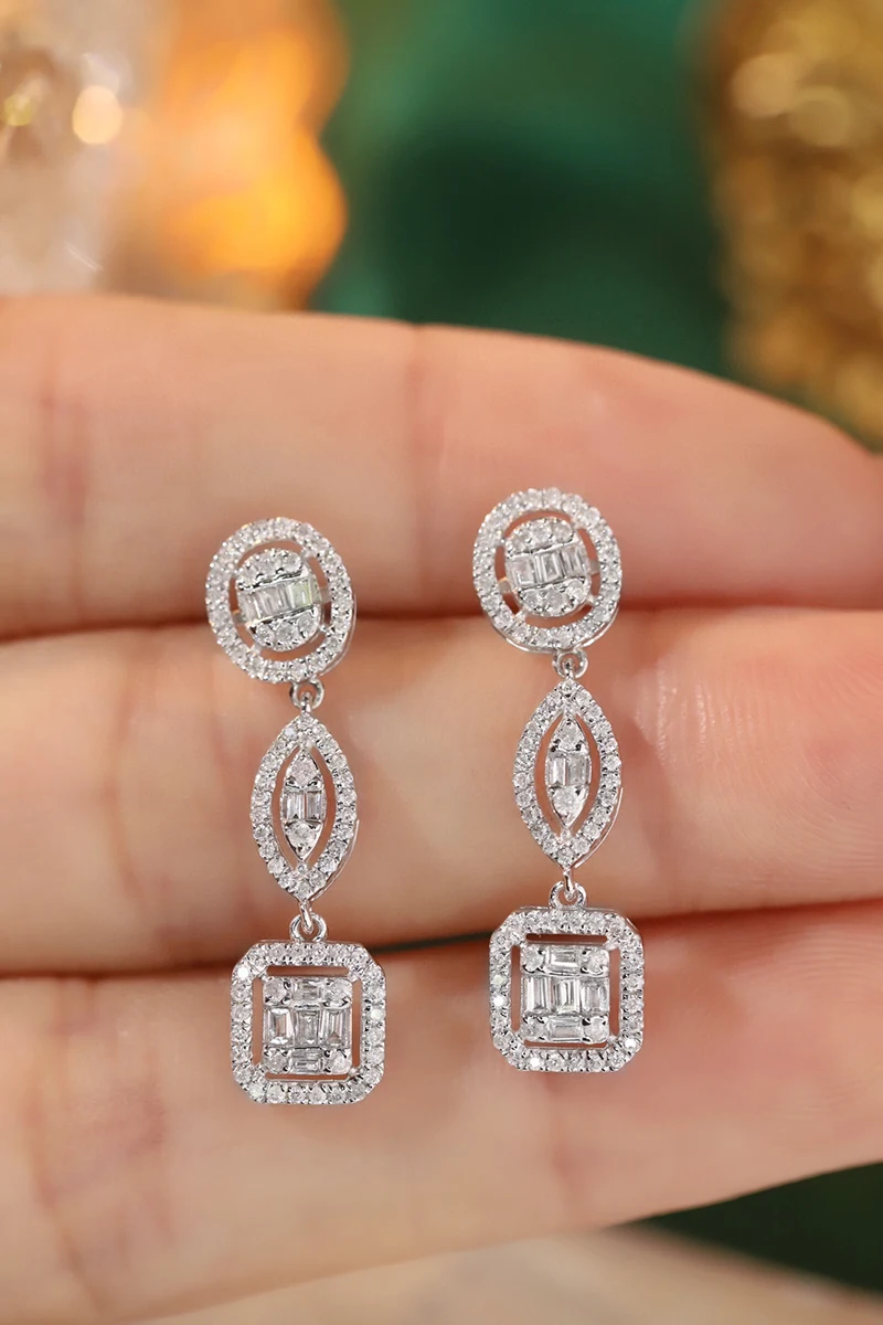 KUGG 100% 18K White Gold Earrings Luxury Geometric Design 0.70carat Real Natural Diamond Drop Earrings for Women Party Jewelry