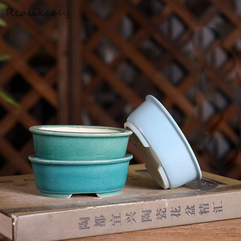 2026 Chinese Ceramic Glazed Flower Pot Creative Simple Succulent Bonsai Flower Pot Desktop Decoration Cracked Flower Pot LJ442