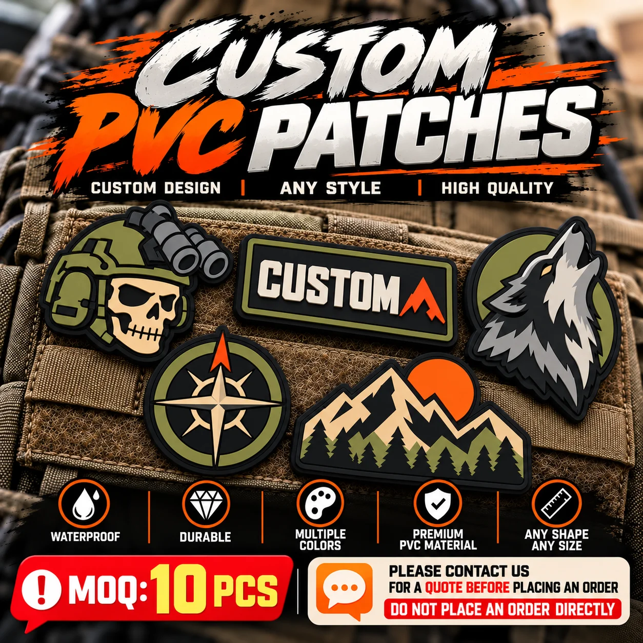 Custom 3D PVC Rubber Patch Hook & Loop Backing, Personalized Tactical Badge Custom Logo Patch for Outdoor Backpack Clothing