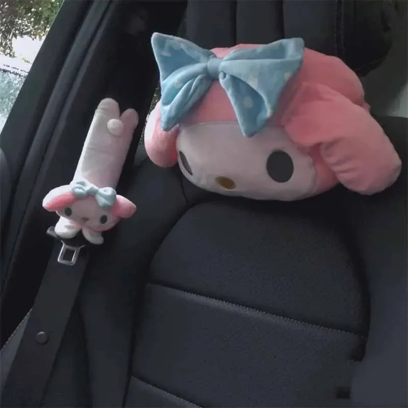 Kawaii Sanrio Kuromi Car Headrest Anime Cute Cartoon Mymelody Pillow Seat Belt Protective Cover Accessories Car Decoration Gifts