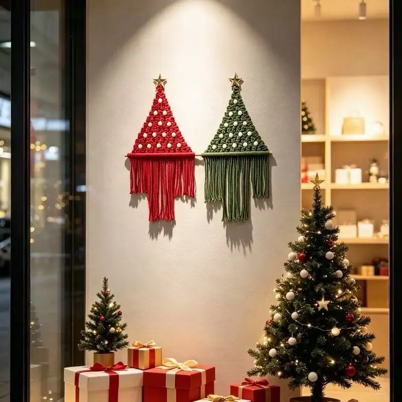 Handmade Macrame Christmas Tree Tapestry, Bohemian Wall Hanging Ornament with Star Topper for Xmas Decoration