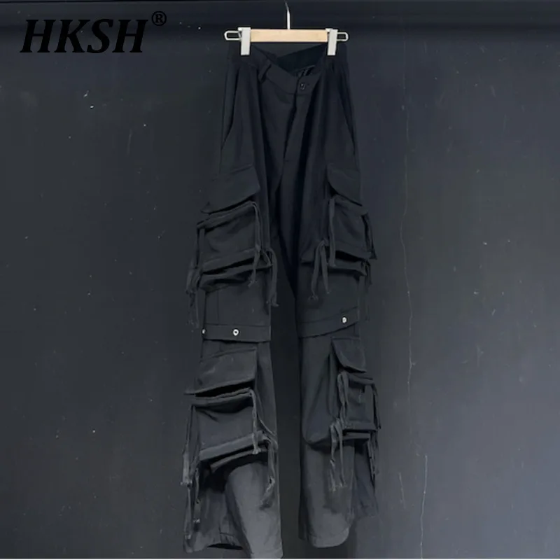 

HKSH Men's Tide Dark Original Punk Rope Ribbon Loose Overalls Casual Safari Style Spring Summer New Thin Chic Cargo Pants HK2413