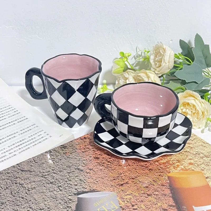 Black White Checkerboard Water Cup, Ceramic, Ceramic Hand Drawn Mug, Irregular Mug, Coffee Cups, High Aesthetic Value Drinkware