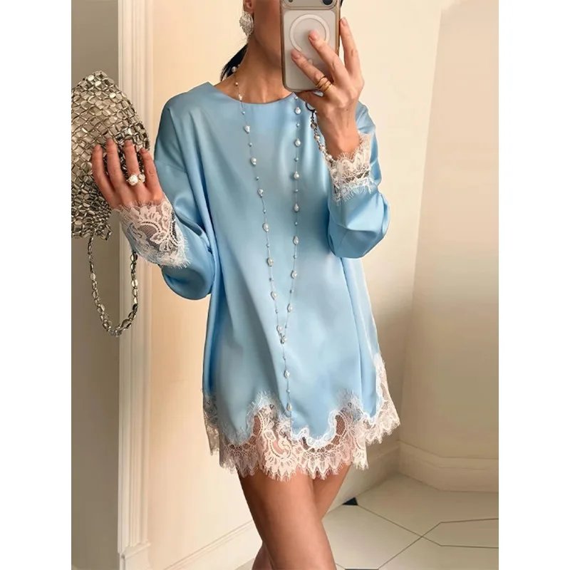 

Satin Lace Patchwork Dress Women Long Sleeve O-neck 2026 Spring Female Dresses Casual Beach Robe not contain pearls