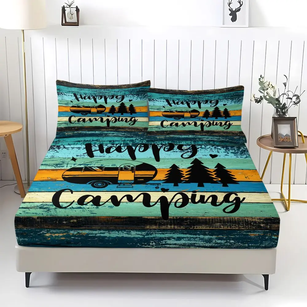 Camping Digital Print Fitted Sheet Set Bed Sheet Set Rustic Wood Grain Camper Trailer Bedding Set Soft Elastic Home Decor