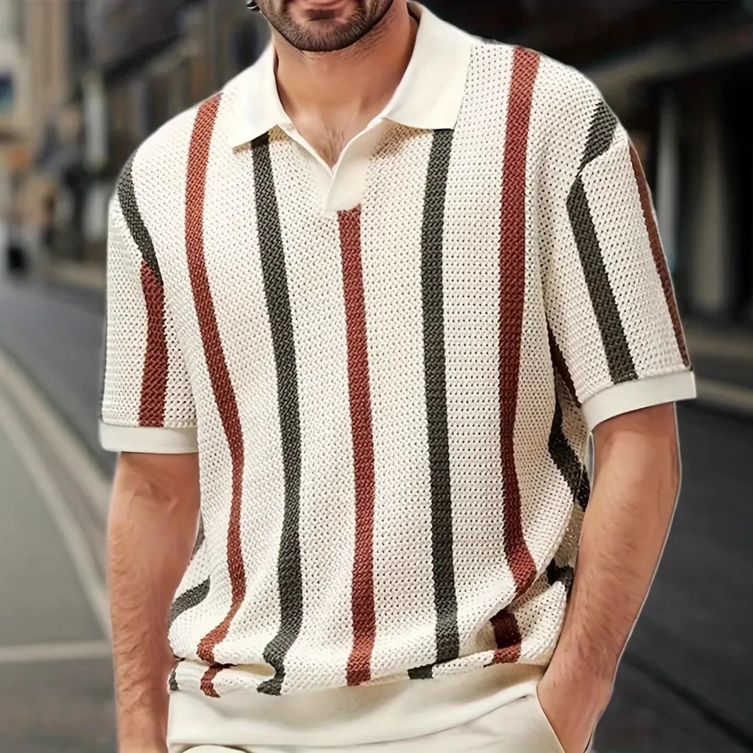 

Men's Summer Short Sleeve T-Shirt Style Turn-down Collar Geometric Color Block Striped Knitted Top CleanFit Waist ...