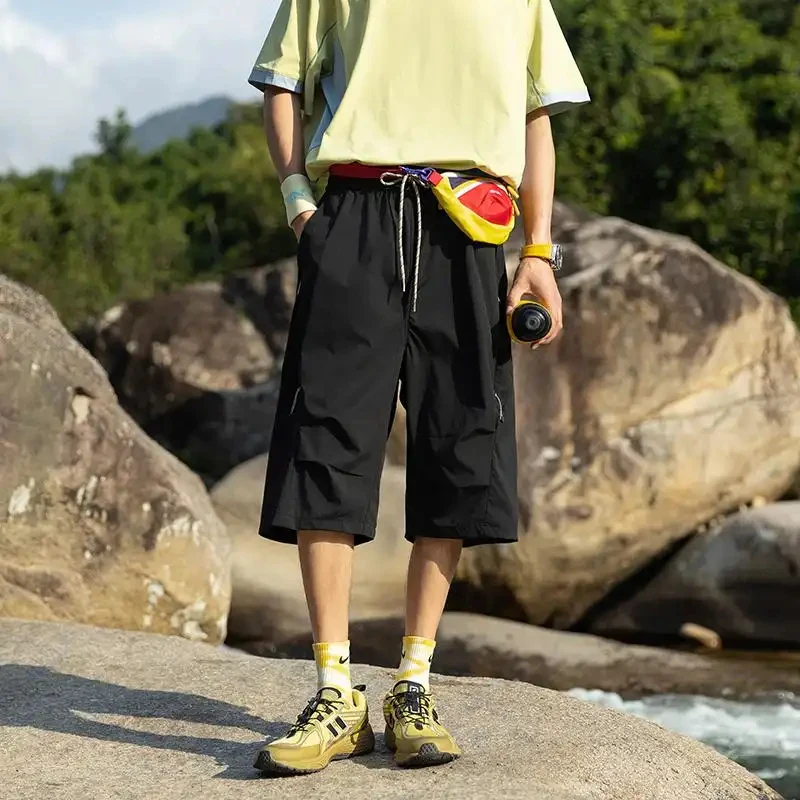 2026 Summer American Style Men's Cargo Shorts, Loose Fit, Versatile, Thin, Breathable, Ice Silk Mesh Fabric, For Outdoor Sports,