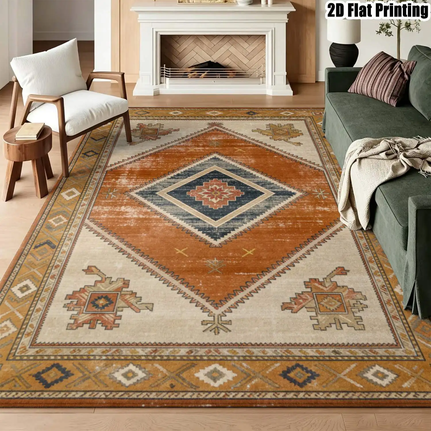 1Pc 2D Printed Carpet: Orange & Blue Geometric Diamond Patterns, Retro European/Bohemian Style, Machine Washable, Multi-Size, for Entryway, Dining Room, Bedroom, Living Room Home Decor