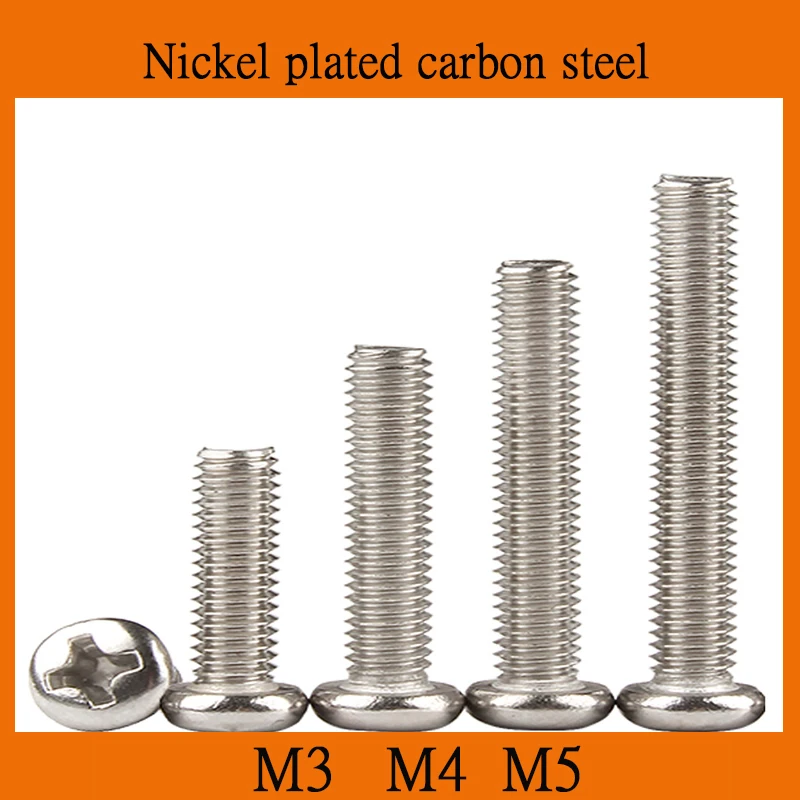 

M3 M4 M5 Nickel Plated Carbon Steel Metric Pitch Cross Phillips Round Pan Head Screw Bolt Length=3mm - 30mm