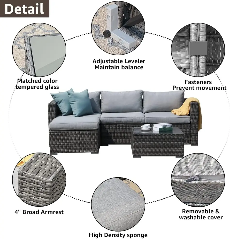 Set furnitur teras luar ruangan, percakapan pembagi semua cuaca PE anyaman dengan bantal ringan, teras halaman belakang taman 5 buah