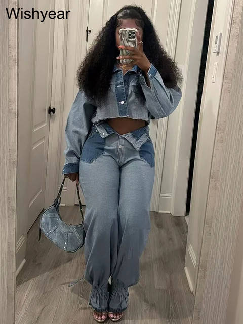 Streetwear Blue Patchwork Denim Two 2-częściowy zestaw spodni dla kobiet Sprzedaż Topy z długim rękawem i dżinsy Flare Luźne dopasowane stroje
