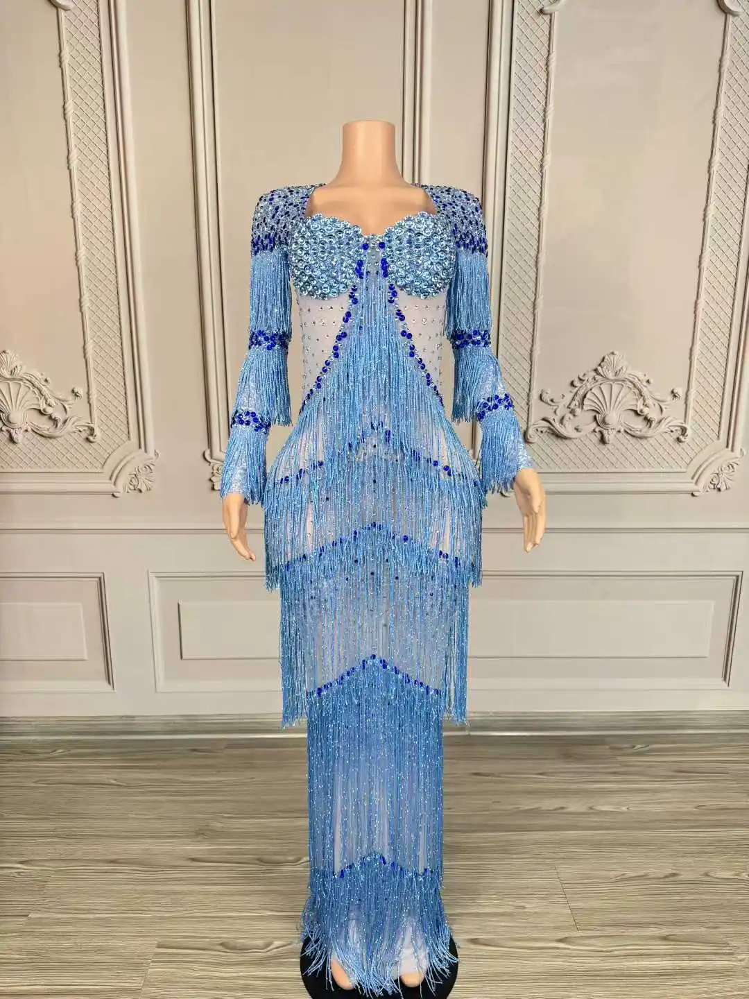 キラキララインストーンフリンジマキシロングドレス女性のセクシーな透明エレガントなイブニングパーティー誕生日ドレス写真撮影ステージ着用