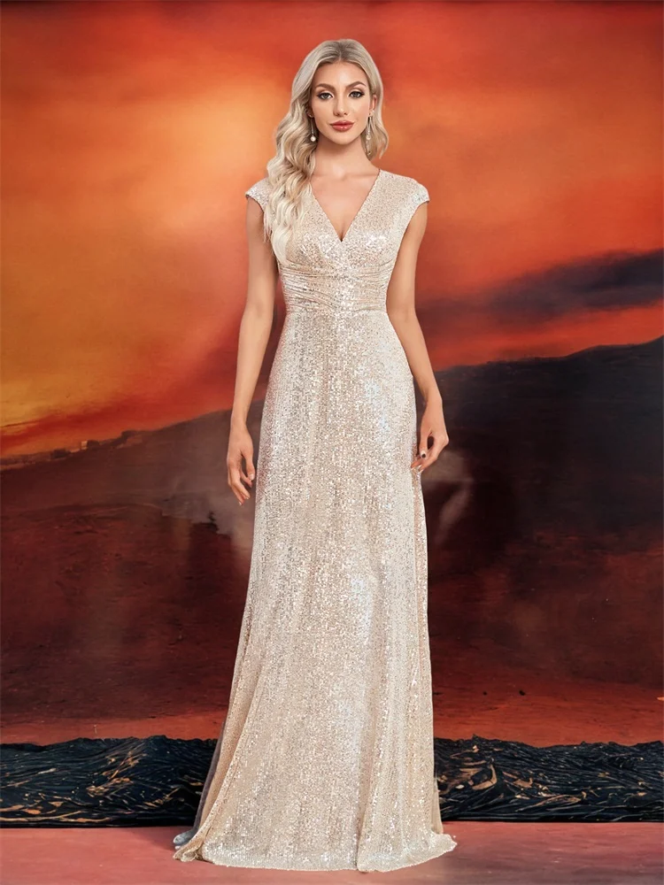 Lucyinlove-Robe de soirée sirène élégante à col en V pour femme, longueur au sol, bleu formel, robe de soirée de Rh, paillettes, 2024