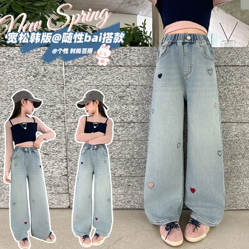 

Girls Jeans with Love Pattern Kids Pants For Girls High Waist Children Casual Style Children Clothing Spring Fall Trousers 4-14Y