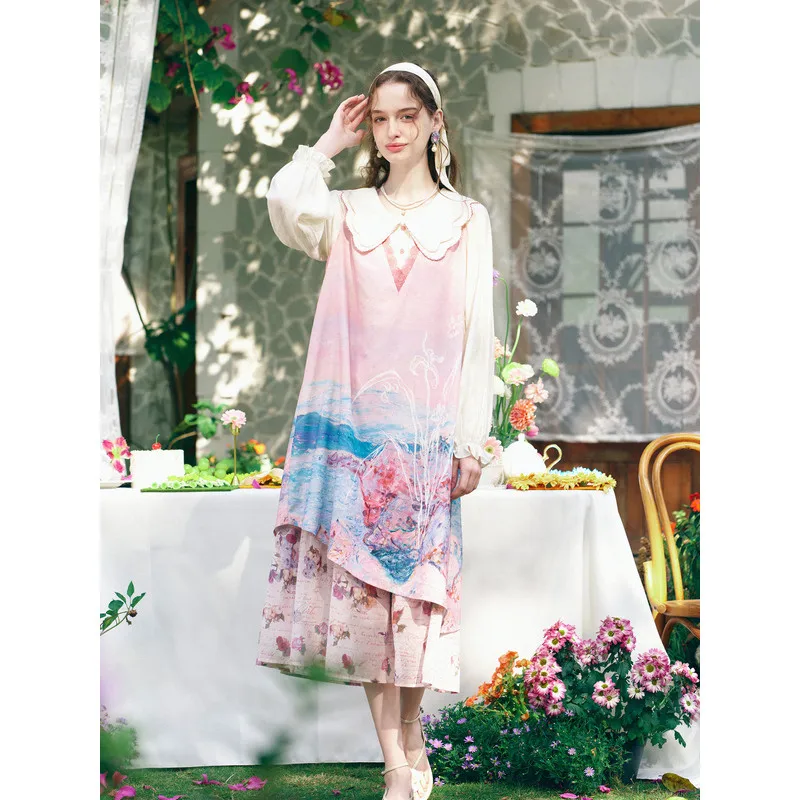 Spring Fantasy Embroidered Two-Piece Dress with Double-Layer Collar