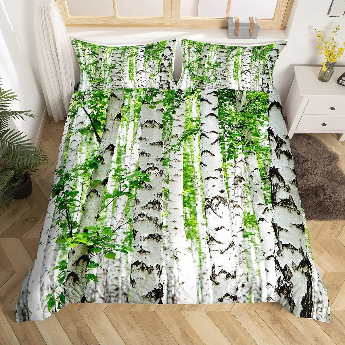 Birch Duvet Cover Straight Tree Trunk Comforter Cover Tree Lush Bedding Set Botanical Fresh Natural Rustic Country Quilt Cover