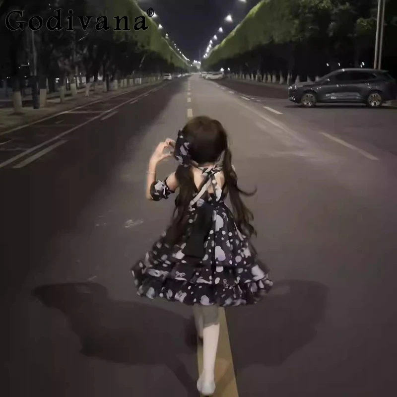 Abito Lolita per ragazza dolce giapponese Abbigliamento quotidiano Abito corto per appuntamento nero Abito carino con fiocco a maniche corte per cosplay da donna