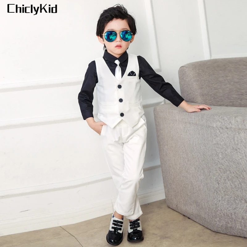 

Boys Waistcoat Wedding Clothes Sets Kids Solid Vest Tie Shirt Trousers Formal Dress Children Suits Toddler Gentleman Outfits