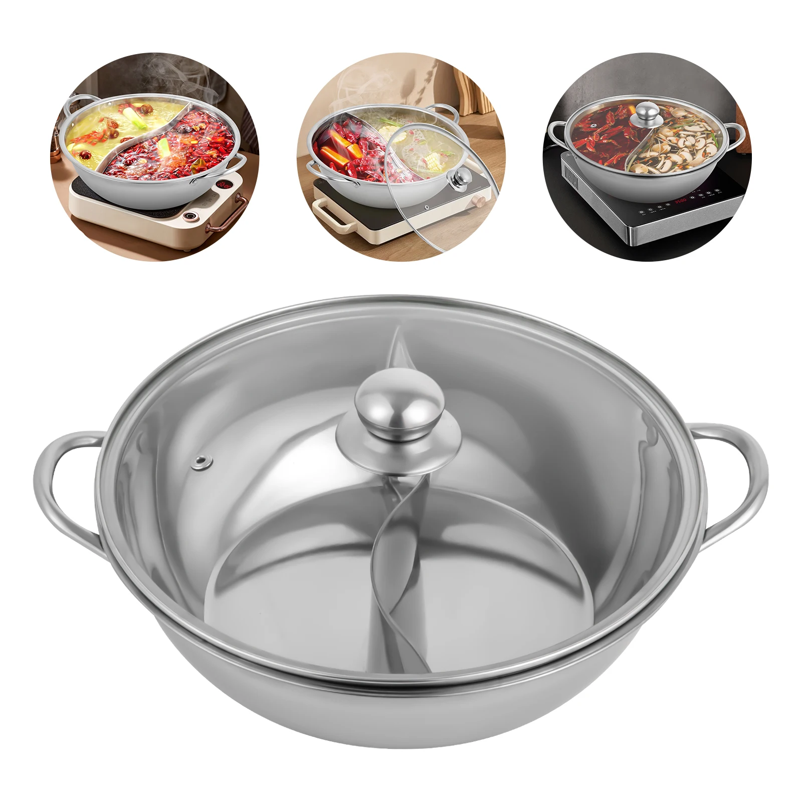 28cm Double Split Stainless Steel Hot Pot Double-Flavor Hot Pot Kitchen Cooker Home Cooking (With Cover)