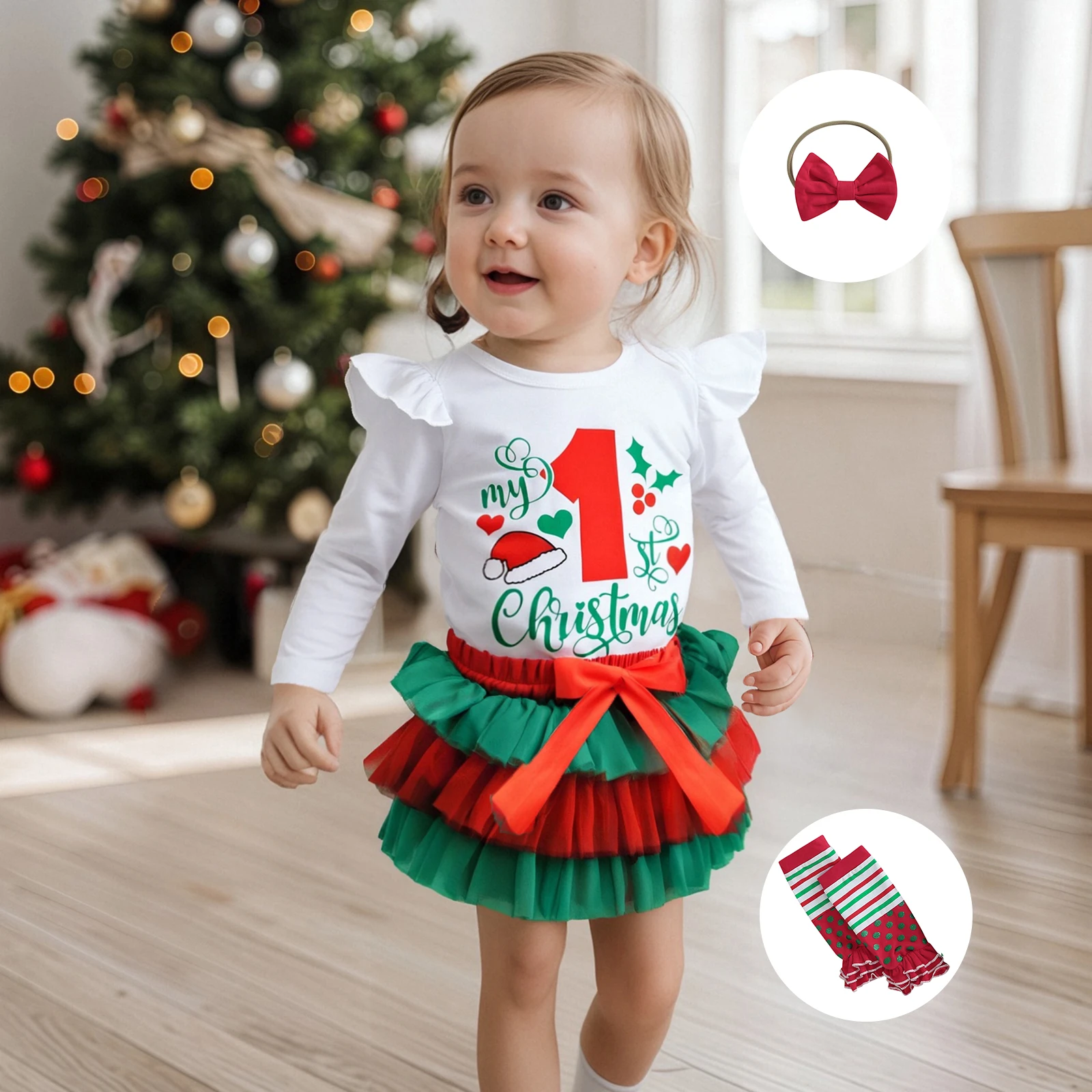 طفل الفتيات عيد الميلاد الزي طويلة الأكمام رومبير + الطبقات تنورة السراويل + عقال + تدفئة الساق مجموعة ملابس الرضع