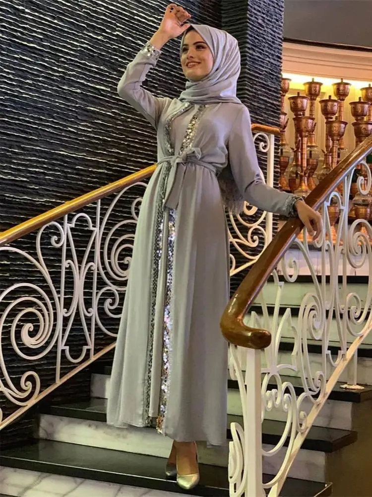 Ramadan Gray Sequin Kimono Abaya Damen Dubai Islamic Women Muslim Dress Kebaya Kaftan Robe Musulmane Caftan Marocain Femme