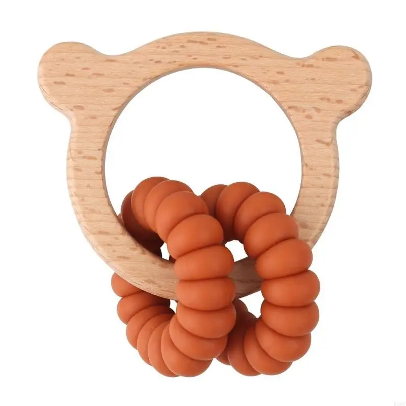 

E06F Baby Silicone Beads Teether Wooden Ring Rattle Nursing Chewing Teething Toy Bracelet Molar Soother BPA