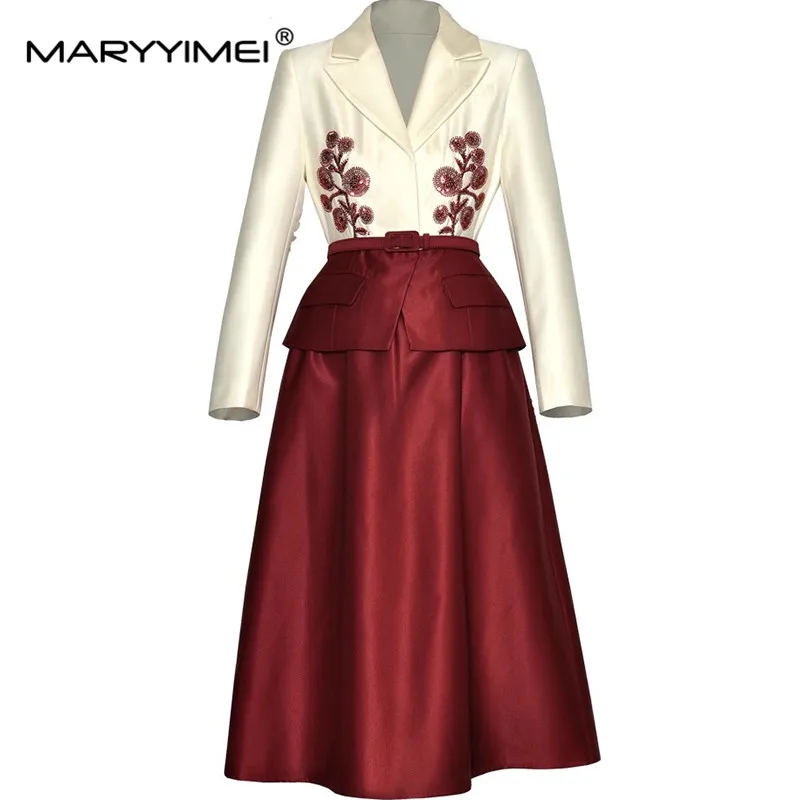 MARYYIMEI Autumn and Winter Women's Dress Long-Sleeved Beading High waist Color Block Patchwork fashionable Midi Dresses