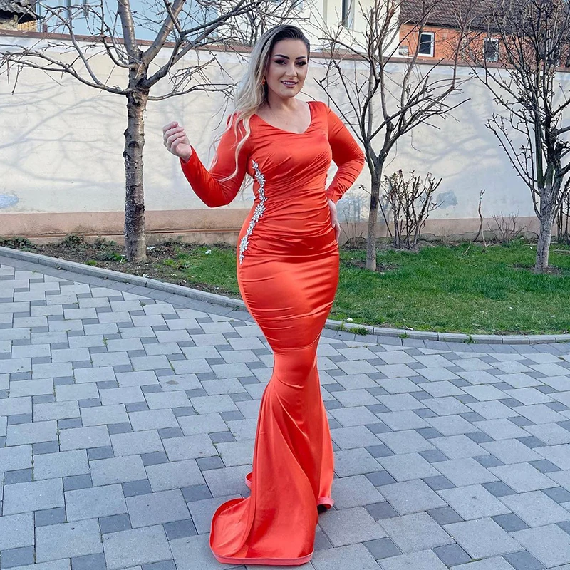 

Thinyfull Women Mermaid Prom Evening Dresses Long Sleeve Beadings Satin Night Dress Formal Cocktail Party Prom Gowns Plus Size