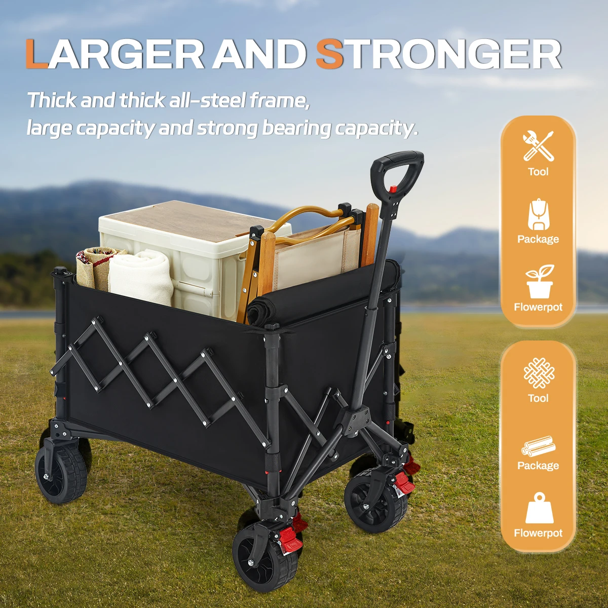 

Heavy Duty Folding Utility Garden Cart With Big All-Terrain Beach Wheels Huge Side Pocket Huge Push Cart Dolly Trolley Hand Camp