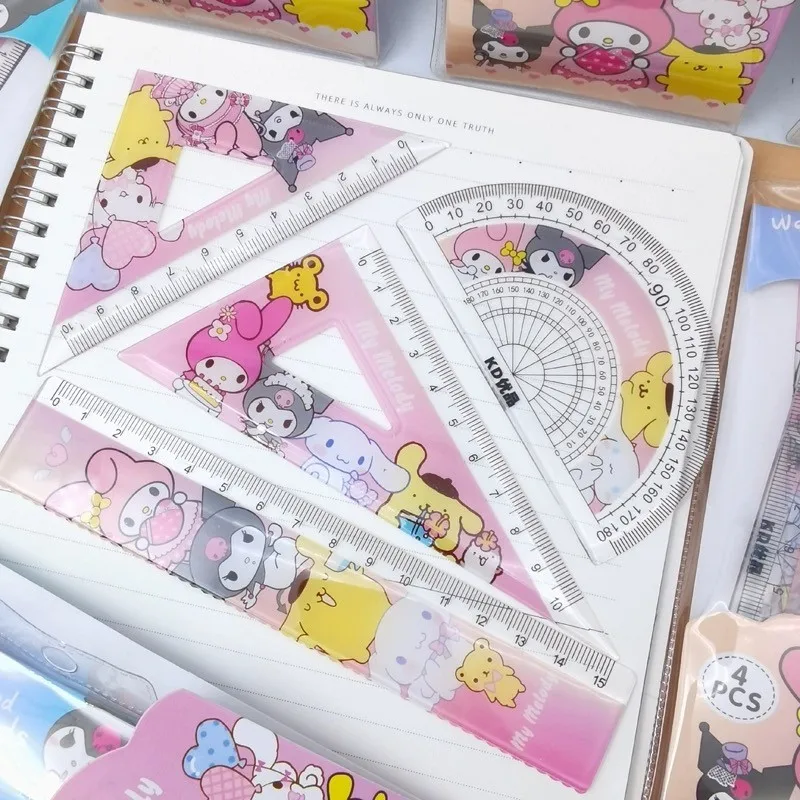 Cartoon Sanrio 4-Piece Set Ruler Kawaii My Melody Kuromi Triangular Plate Protractor Measuring Ruler Stationery Set Student Gift